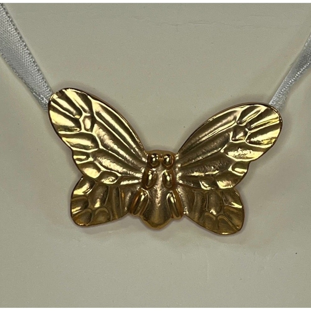 Annick Goutal Paris Gold Tone Butterfly Ribbon Necklace with Mesh Pouch